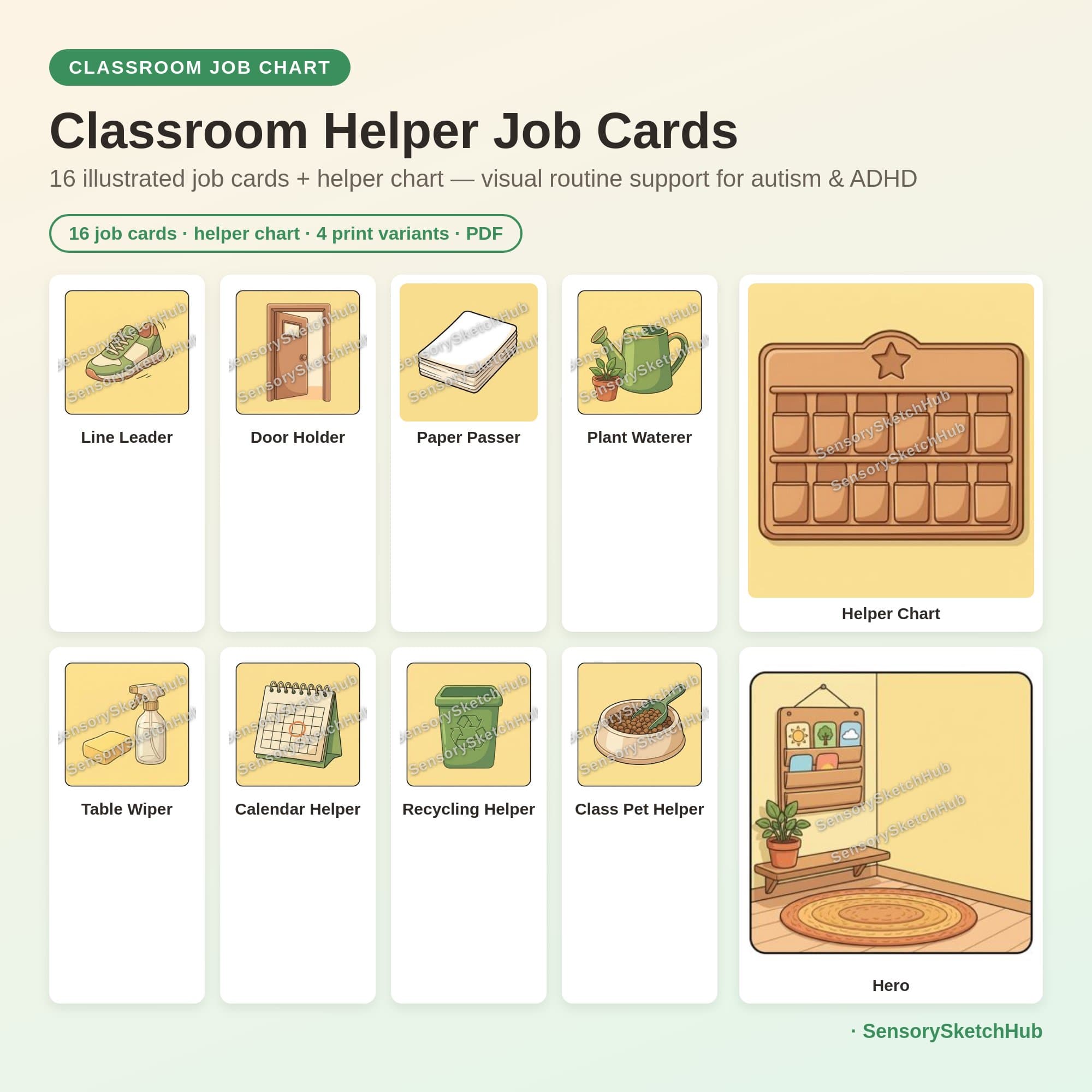 Classroom Helper Job Chart Cards | 16 Illustrated Visual Supports for Teachers, view 6