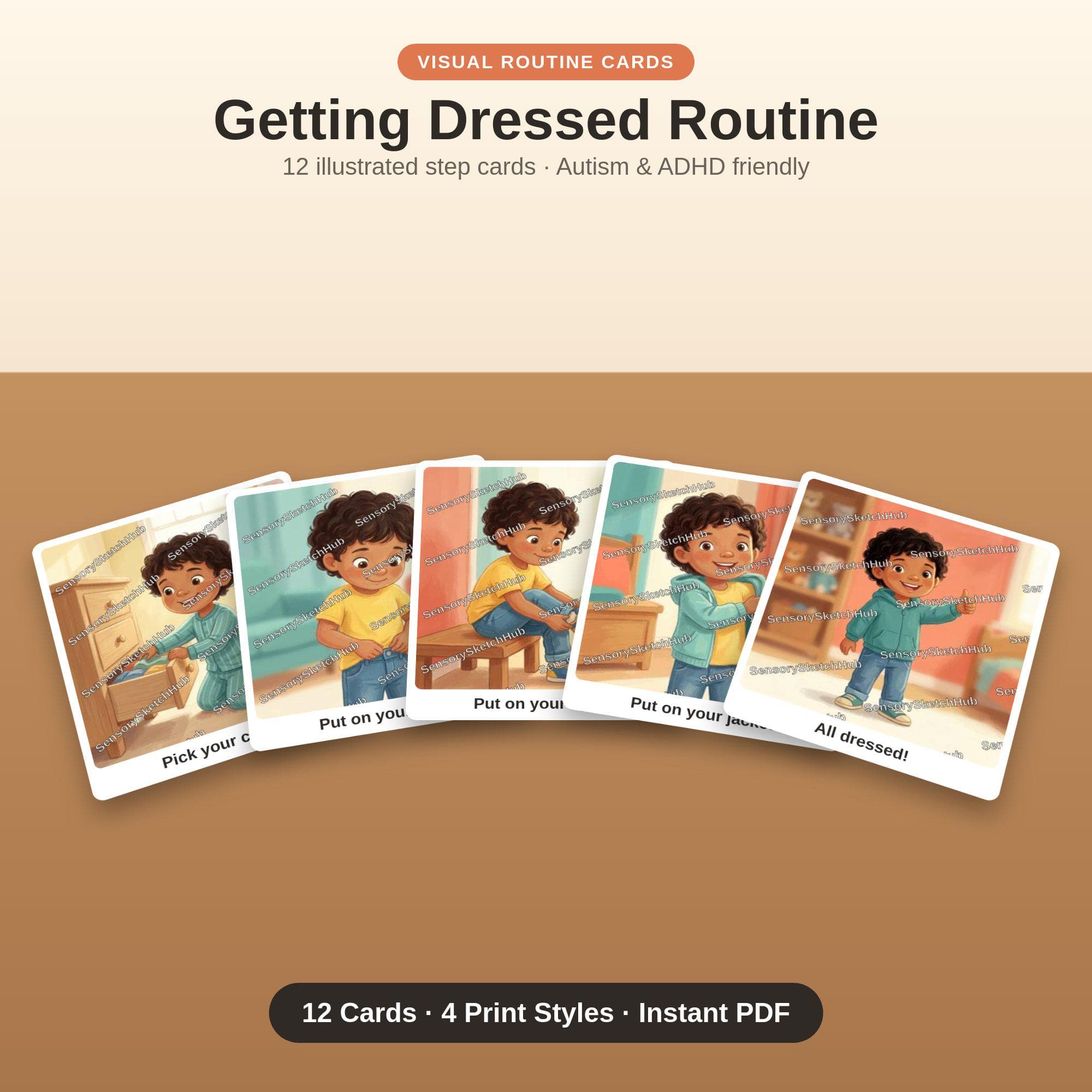 Getting Dressed Visual Routine Cards | 12 Illustrated Steps | Autism ADHD Kids
