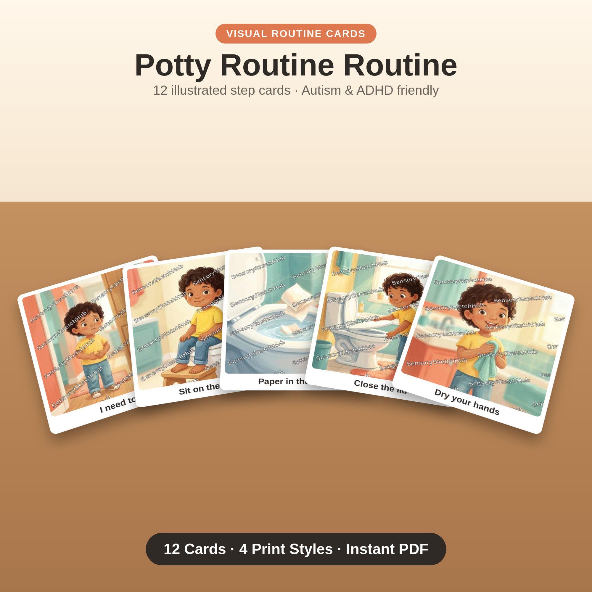 Potty Training Visual Schedule Cards | 12 Illustrated Toilet Steps | Autism ADHD Kids